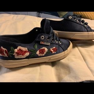 Superga Satin Blue with Embroidered Red Roses